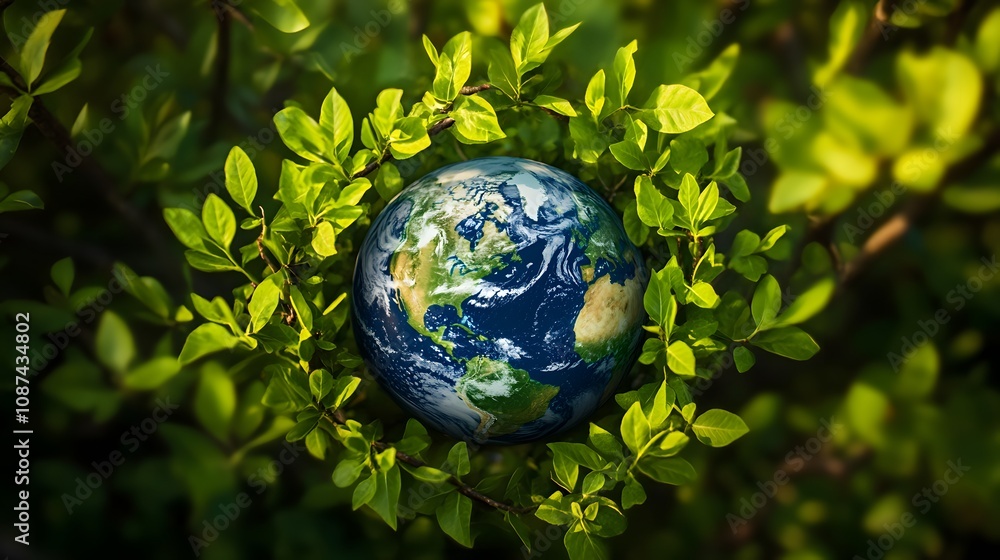 Earth with green tree branches forming around it, symbolizing growth, sustainability, and environmental care. Earth with green tree branches forming around it, symbolizing growth, sustainability, and environmental care.