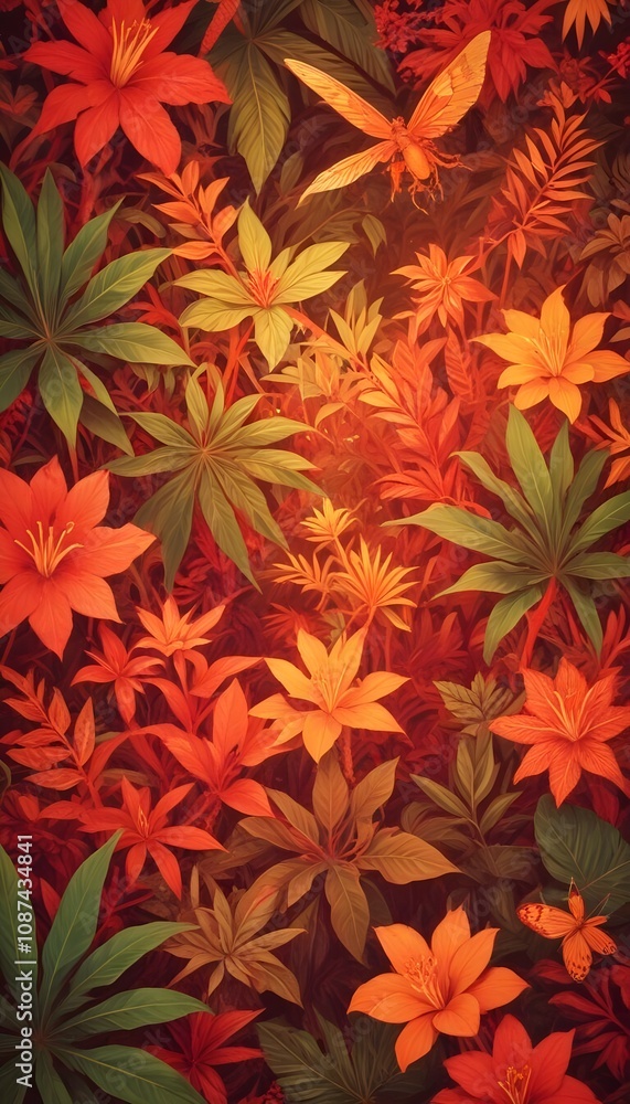 Tropical exotic pattern with animal and flowers in bright colors and lush vegetation Tropical exotic pattern with animal and flowers in bright colors and lush vegetation