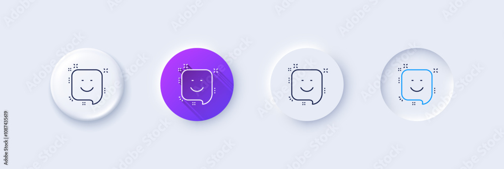 Smile line icon. Neumorphic, Purple gradient, 3d pin buttons. Positive feedback rating sign. Customer satisfaction symbol. Line icons. Neumorphic buttons with outline signs. Vector Smile line icon. Neumorphic, Purple gradient, 3d pin buttons. Positive feedback rating sign. Customer satisfaction symbol. Line icons. Neumorphic buttons with outline signs. Vector
