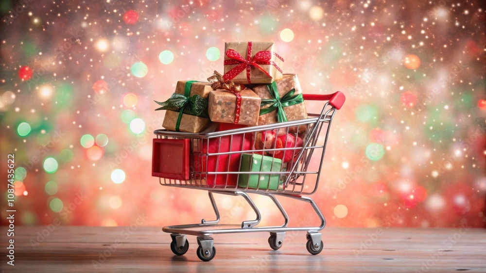 A shopping cart overflowing with festive gifts, standing against a sparkling background of bokeh lights, representing the joy and excitement of the holiday season. A shopping cart overflowing with festive gifts, standing against a sparkling background of bokeh lights, representing the joy and excitement of the holiday season.
