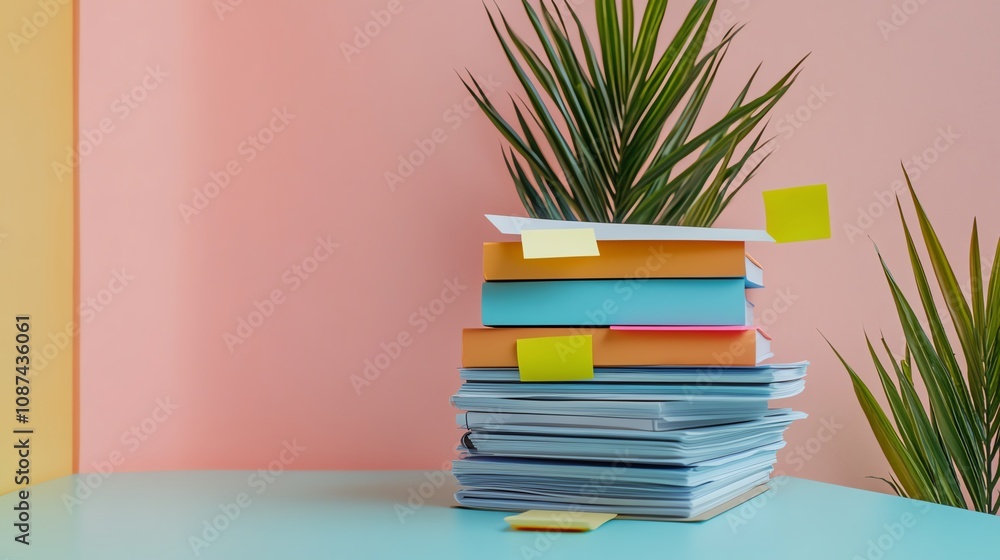 Stack of documents with sticky notes for organization, isolated on a clean background with room for branding. Stack of documents with sticky notes for organization, isolated on a clean background with room for branding.