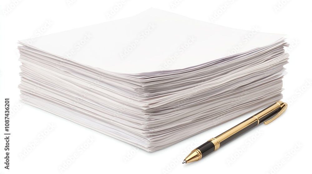 Stack of legal papers with a pen beside it, isolated on a white background with ample space for additional text. Stack of legal papers with a pen beside it, isolated on a white background with ample space for additional text.