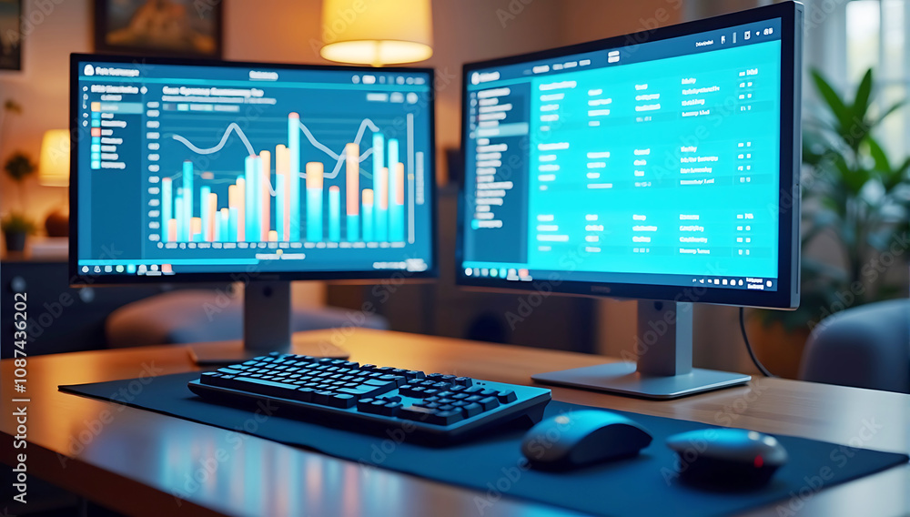 A dual-monitor setup displaying customer analytics on one screen and call logs on another, with a keyboard and mouse in focus. A dual-monitor setup displaying customer analytics on one screen and call logs on another, with a keyboard and mouse in focus.