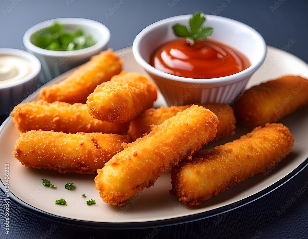 A gourmet presentation of air fryer mozzarella sticks, with a crunchy golden coating, served with a side of marinara sauce