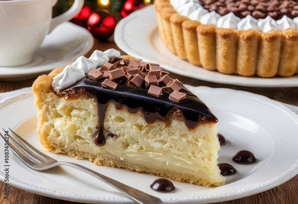 A slice of German Pie with whipped cream, biscuits, and chocolate syrup drizzled on top A slice of German Pie with whipped cream, biscuits, and chocolate syrup drizzled on top