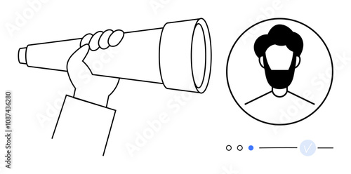 Hand using a telescope searching for a person depicted in a profile circle with status indicators. Ideal for recruitment, job search, talent acquisition, scouting, networking, focusing, vision