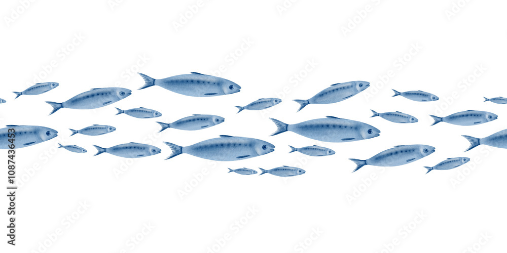 Sardine fish in seamless horizontal border swimming in a shoal stylized watercolor illustration on a transparent background for fish restaurants, websites, posters, fish markets and stores Sardine fish in seamless horizontal border swimming in a shoal stylized watercolor illustration on a transparent background for fish restaurants, websites, posters, fish markets and stores