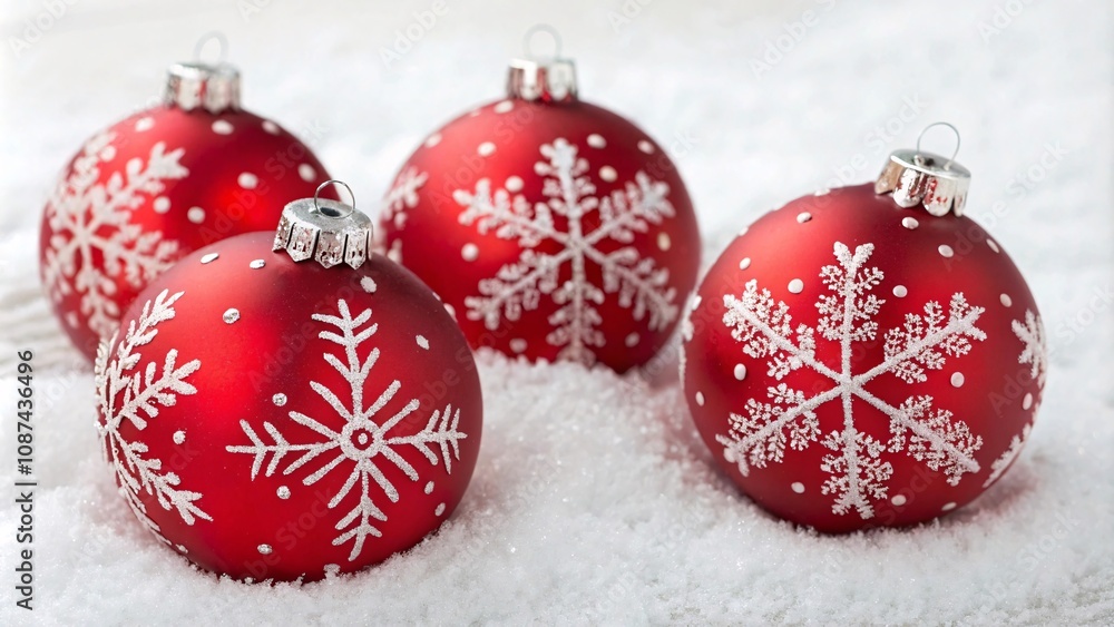 A set of classic red Christmas balls adorned with intricate white snowflake designs on a white backdrop. A set of classic red Christmas balls adorned with intricate white snowflake designs on a white backdrop.