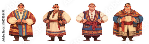 man dressed in traditional costume. dark-haired mustachioed man shirt boots cartoon, old character kind smile big nose clothes painted vest headband belt national Georgian pattern vector illustration