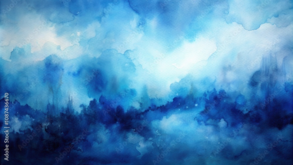 Abstract Watercolor Painting of a Blue and White Sky with Dark Silhouettes of Trees in the Foreground Abstract Watercolor Painting of a Blue and White Sky with Dark Silhouettes of Trees in the Foreground