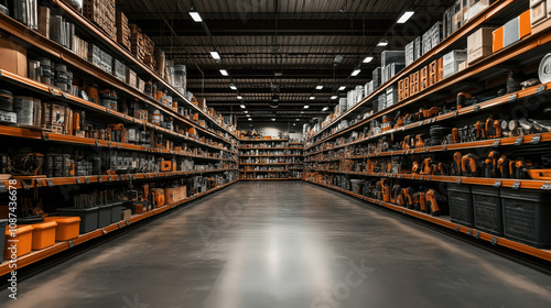 Obraz na płótnie Wide-angle view of a hardware store aisle with shelves stocked with tools, paint cans, and construction materials in an indoor setting under fluorescent lighting. w salonie