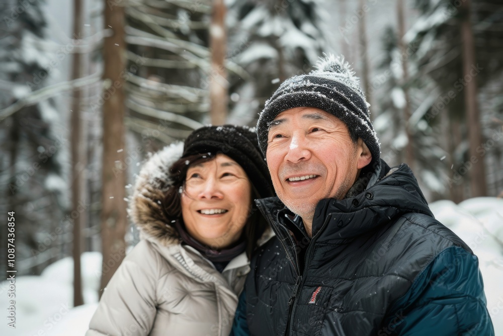 Portrait of a cheerful asian couple in their 40s dressed in a warm ski hat over backdrop of a mystical forest Portrait of a cheerful asian couple in their 40s dressed in a warm ski hat over backdrop of a mystical forest