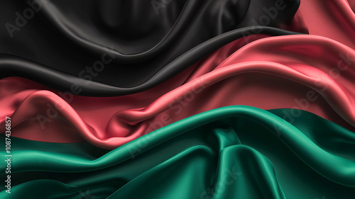 Abstract design featuring silky flowing gradients of black red and green symbolizing strength fluidity and unity in a dynamic horizontal layout.