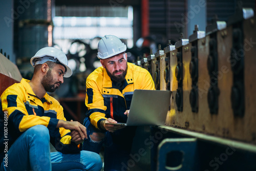 Engineers or supervisors inspecting and checking machines in a factory. Workers in the metal sheet industry carrying out their tasks.