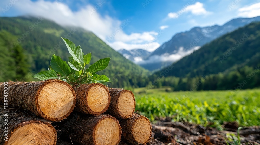 Photograph showcasing a sustainable forestry with selective logging of only a few trees allowing young saplings to grow in a picturesque mountain landscape Photograph showcasing a sustainable forestry with selective logging of only a few trees allowing young saplings to grow in a picturesque mountain landscape