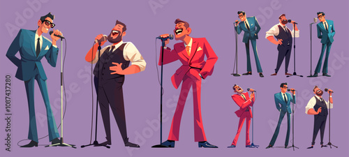 man with microphone cartoon. lead singer artist comedian in blue red black suit full length, show performance speech stage television caricature humor set vector illustration