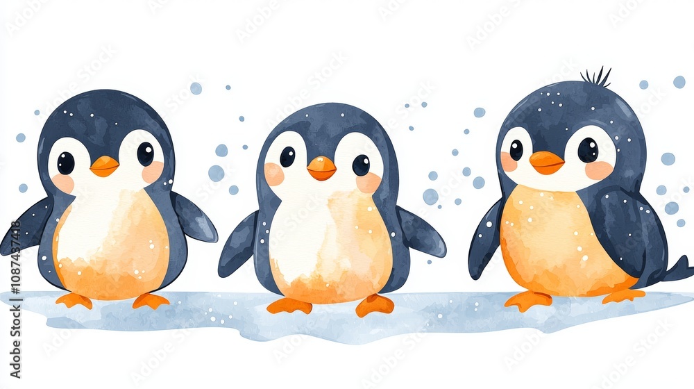 Fototapeta premium Cute Cartoon Penguins on a Snowy Background