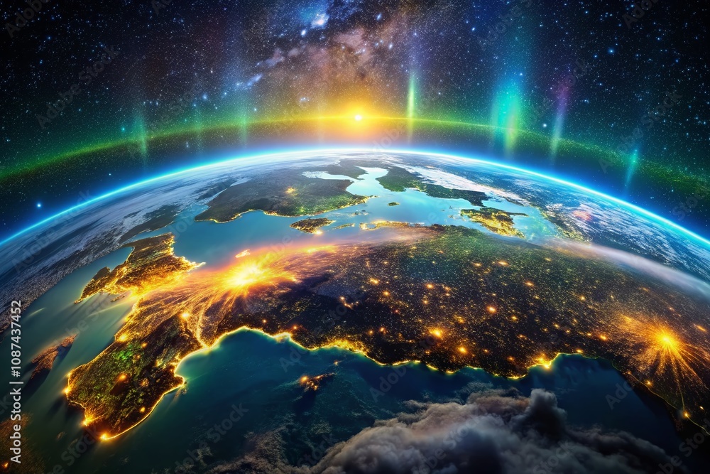 Fototapeta premium Stunning Night Photography Capturing the Real Picture of Earth from Space, Showcasing the Vibrant Lights of Cities and Natural Phenomena Against a Starry Sky