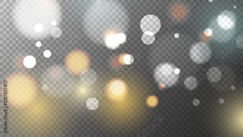 Bright bokeh lights. Blurred overlay template. Abstract blur light effect. Transparent background. Vector illustration.