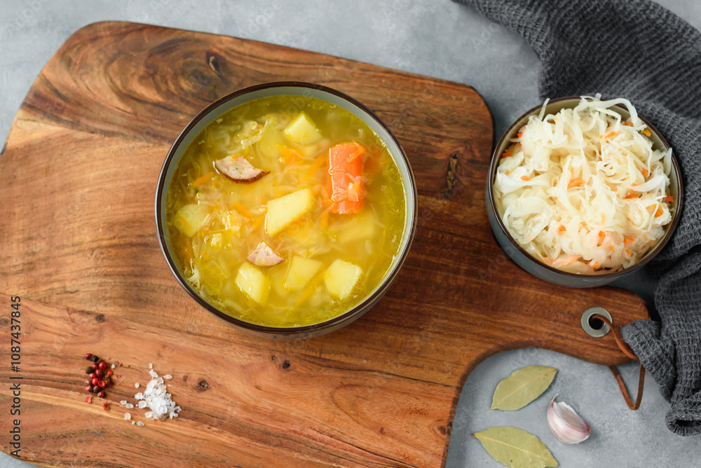 Kapusniak, traditional Polish sauerkraut soup with potatoes and carrots