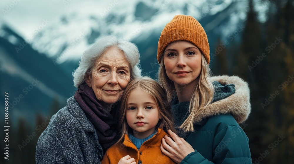 Portrait of Three Generations of Women in Winter Mountain Scenery Portrait of Three Generations of Women in Winter Mountain Scenery