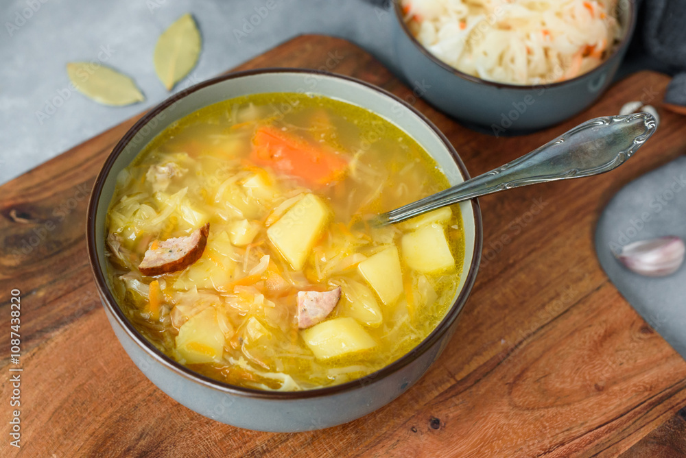 Kapusniak, traditional Polish sauerkraut soup with potatoes and carrots