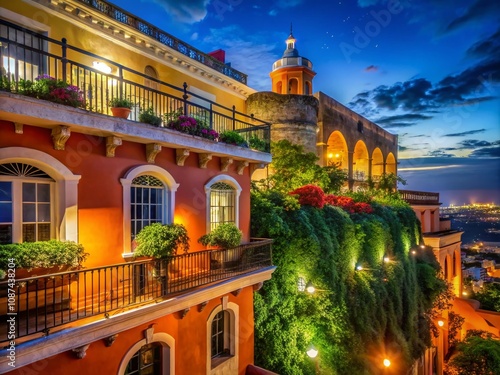 Stunning Night Photography of a Vibrant Orange Building Balcony in San Juan, Puerto Rico, Showcasing Lush Climbing Plants Against the Historic El Morro Backdrop