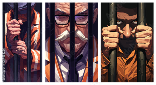 men behind bars. man in prison vertical dark background, prisoner criminal jail cell vector illustration