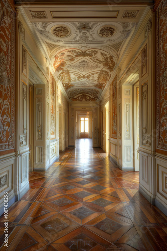 An ornate, vintage hallway with intricate ceiling and floor designs, adorned with warm colors and decorative details.