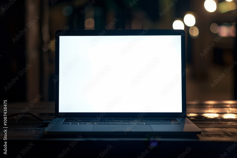 A laptop with a blank white screen on a wooden table in a dark room. A laptop with a blank white screen on a wooden table in a dark room.