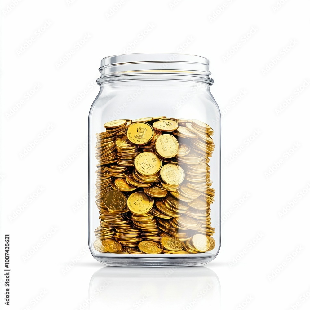 Glass Jar Filled with Gold Coins on White Background Glass Jar Filled with Gold Coins on White Background