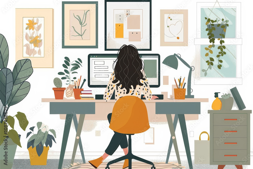 Elegant home office setup with a woman working at a desk surrounded by lush indoor plants and stylish decor. Elegant home office setup with a woman working at a desk surrounded by lush indoor plants and stylish decor.