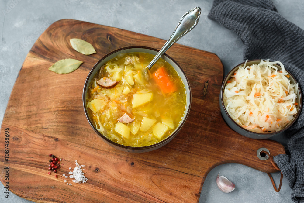 Kapusniak, traditional Polish sauerkraut soup with potatoes and carrots