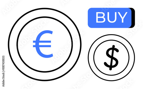 Coins with euro and dollar symbols alongside a blue BUY button. Ideal for trading platforms, forex, e-commerce, international business, financial apps, online purchases, digital payments. Line