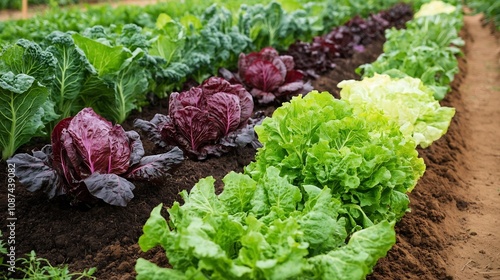 Rows of diverse organic crops including leafy greens and vibrant vegetables growing in a healthy thriving farmland with rich fertile soil and bright natural sunlight illuminating the lush photo