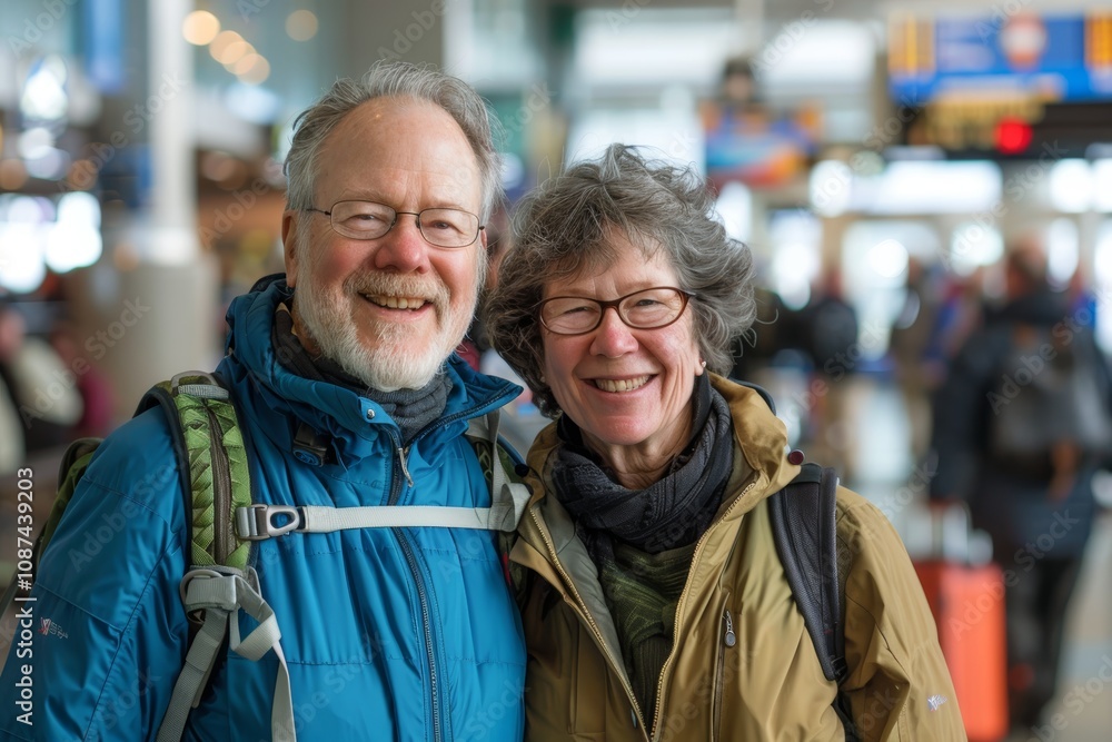 Portrait of a smiling caucasian couple in their 40s wearing a lightweight packable anorak isolated on bustling airport terminal Portrait of a smiling caucasian couple in their 40s wearing a lightweight packable anorak isolated on bustling airport terminal