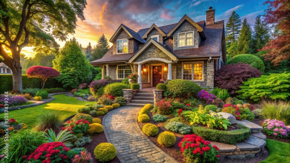 Obraz premium A charming stone house nestled in a lush garden, illuminated by the warm glow of the setting sun, invites you to enjoy the beauty of nature's vibrant colors and captivating tranquility.