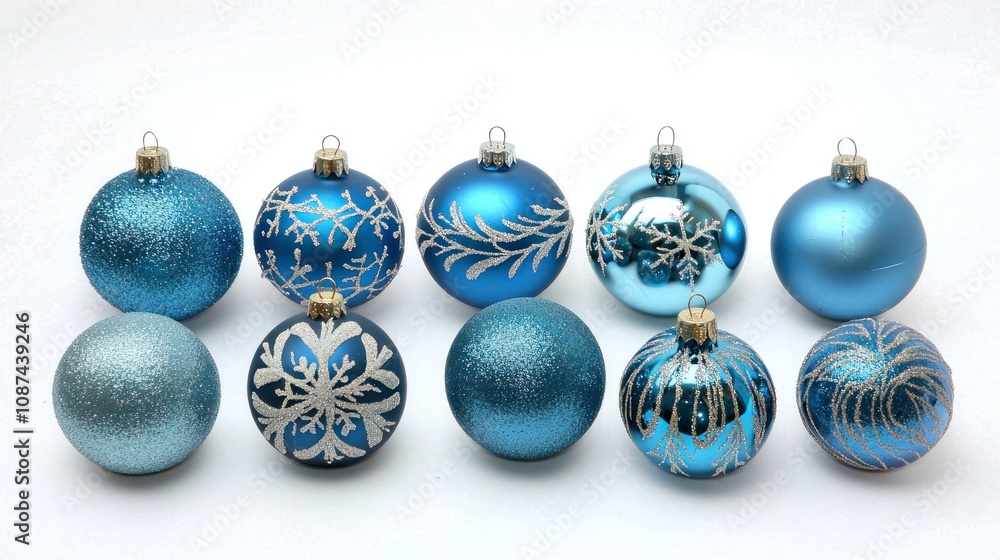 Blue Christmas ornaments arranged on a white background with snowflake decorations. Blue Christmas ornaments arranged on a white background with snowflake decorations.