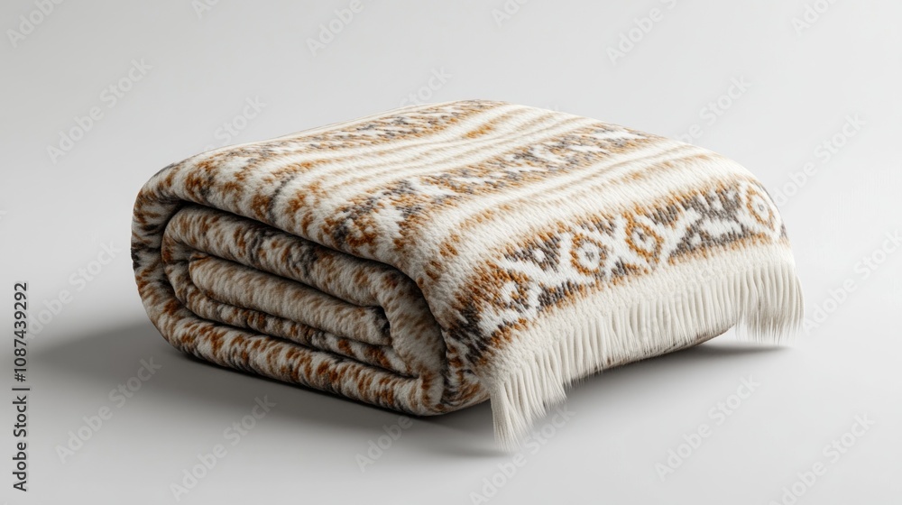 Rolled patterned woolen blanket with fringe Rolled patterned woolen blanket with fringe
