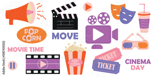 Cinema icon set line. Popcorn box packaging Open clapper. Ticket Entrance two. Flat design style. Isolated. Vector illustration.