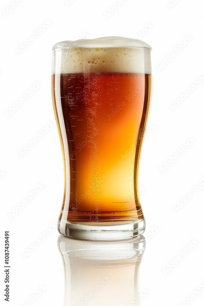 A tall glass of amber beer with a frothy white head, isolated on a white background. A tall glass of amber beer with a frothy white head, isolated on a white background.