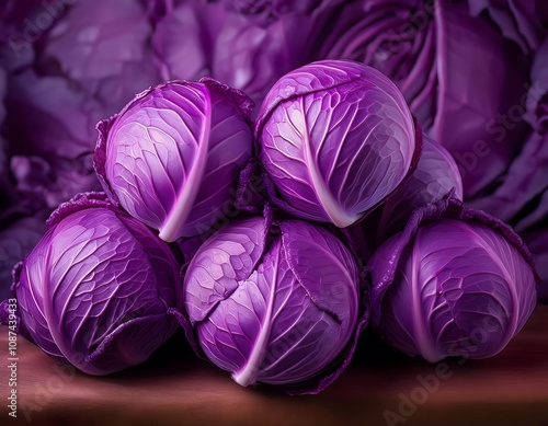 A bunch of purple cabbages placed side by side, perfect for a still life or food related scene photo