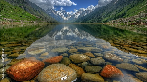 Lake Saif-ul-Malook reflecting snowy peaks in clear water