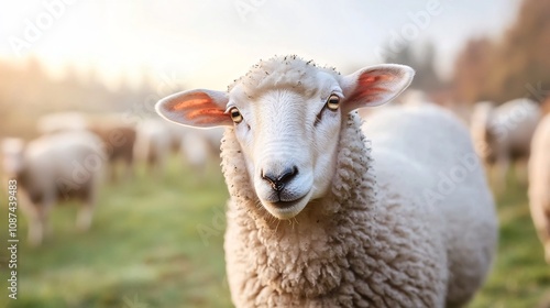 Shepherd herding a flock of fluffy sheep across a lush grassy field in a picturesque countryside landscape Tranquil natural setting with rolling hills blue sky and warm sunlight creating a serene