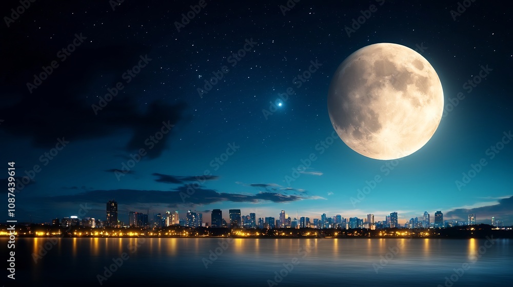Silhouetted city skyline with a large bright full moon in the background capturing a quiet and tranquil urban night atmosphere of elegance and solemnity Silhouetted city skyline with a large bright full moon in the background capturing a quiet and tranquil urban night atmosphere of elegance and solemnity