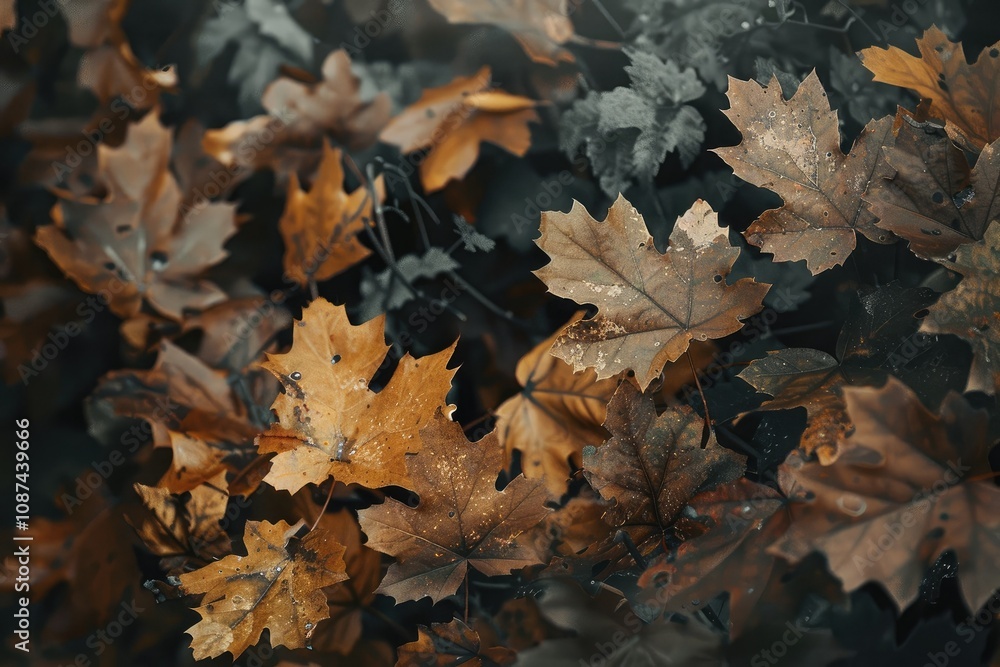 Muted tones of autumn leaves in woodland scene Muted tones of autumn leaves in woodland scene