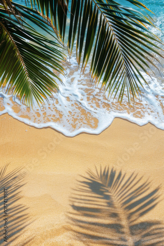 Palm tree shadows on a sandy beach with ocean waves, creating a tropical and serene coastal scene. photo