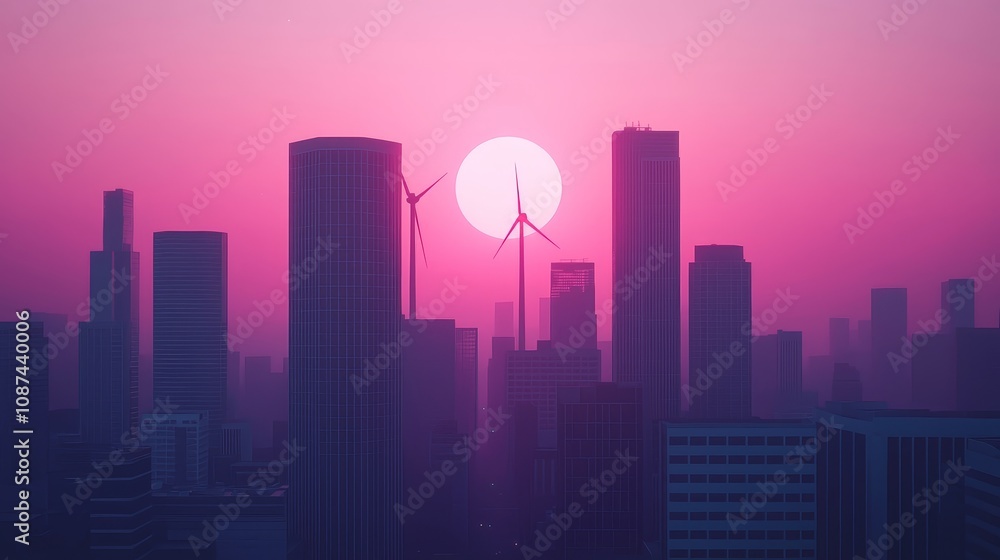 Eco-Friendly Technology Hub with Wind Turbines at Sunset Eco-Friendly Technology Hub with Wind Turbines at Sunset