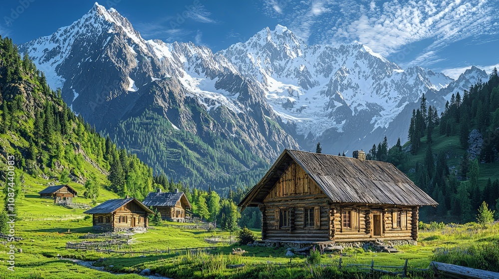 Fairy Meadows with wooden huts and towering Nanga Parbat backdrop Fairy Meadows with wooden huts and towering Nanga Parbat backdrop