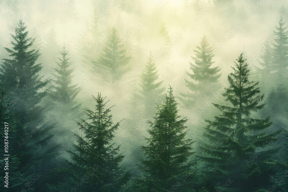 Fototapeta premium Dense forest of evergreen trees covered in mist, creating a mysterious and serene atmosphere.